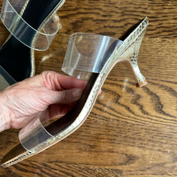 New Marc Fisher Gold Snakeskin Kitten Heels Clear Strap Open Toe Sandals 9.5M - Picture 4 of 5